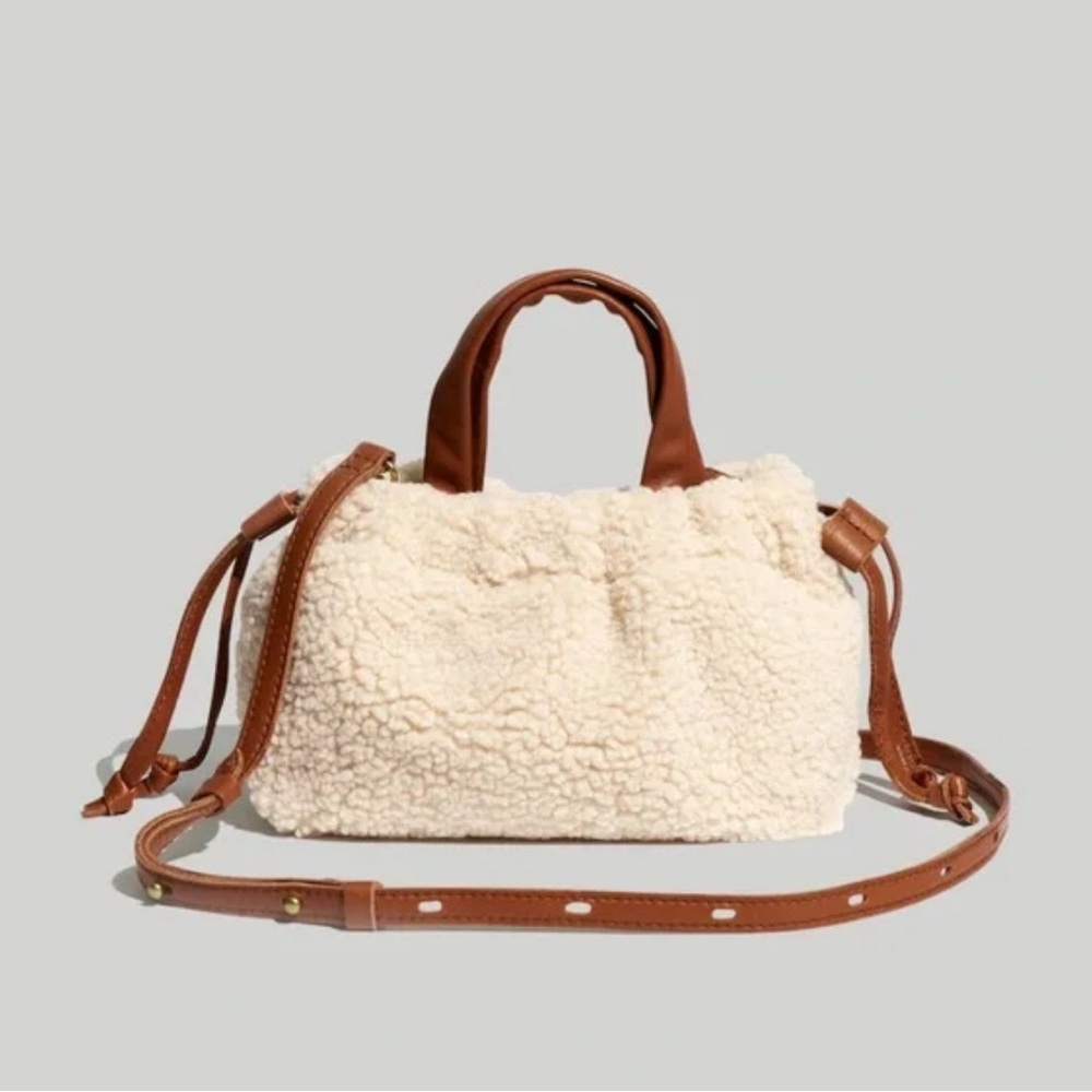 Madewell Cream Sherpa Crossbody with Brown Leather Trim
